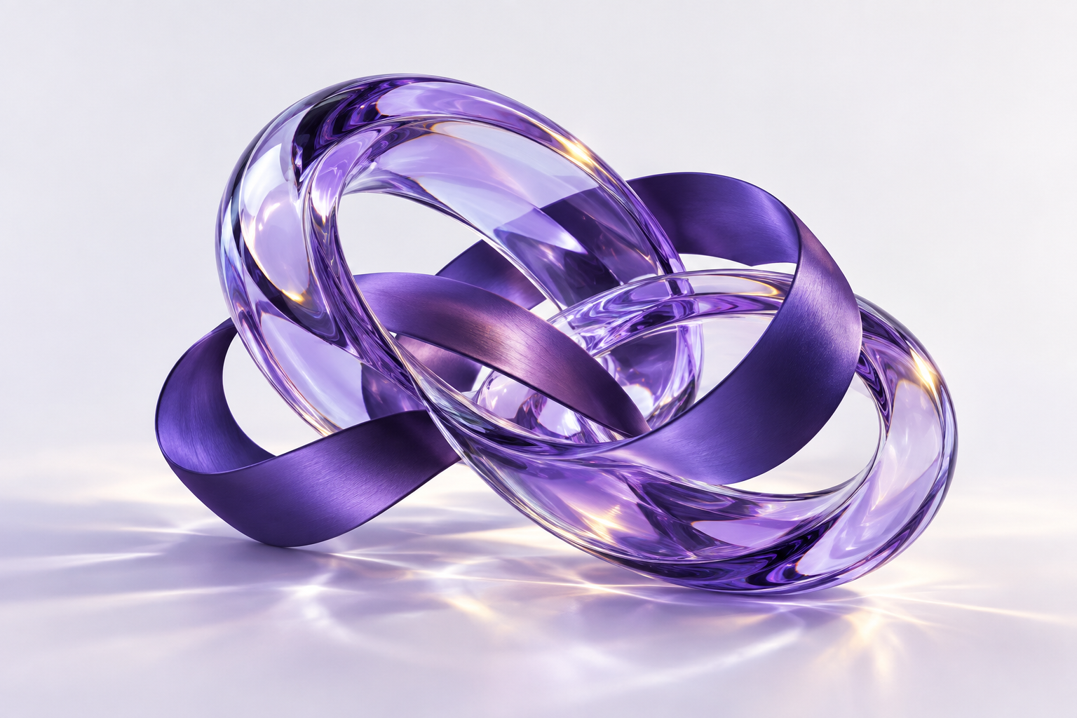Escultura de cintas y vidrio violeta entrelazados, una expresión de conexión y creatividad